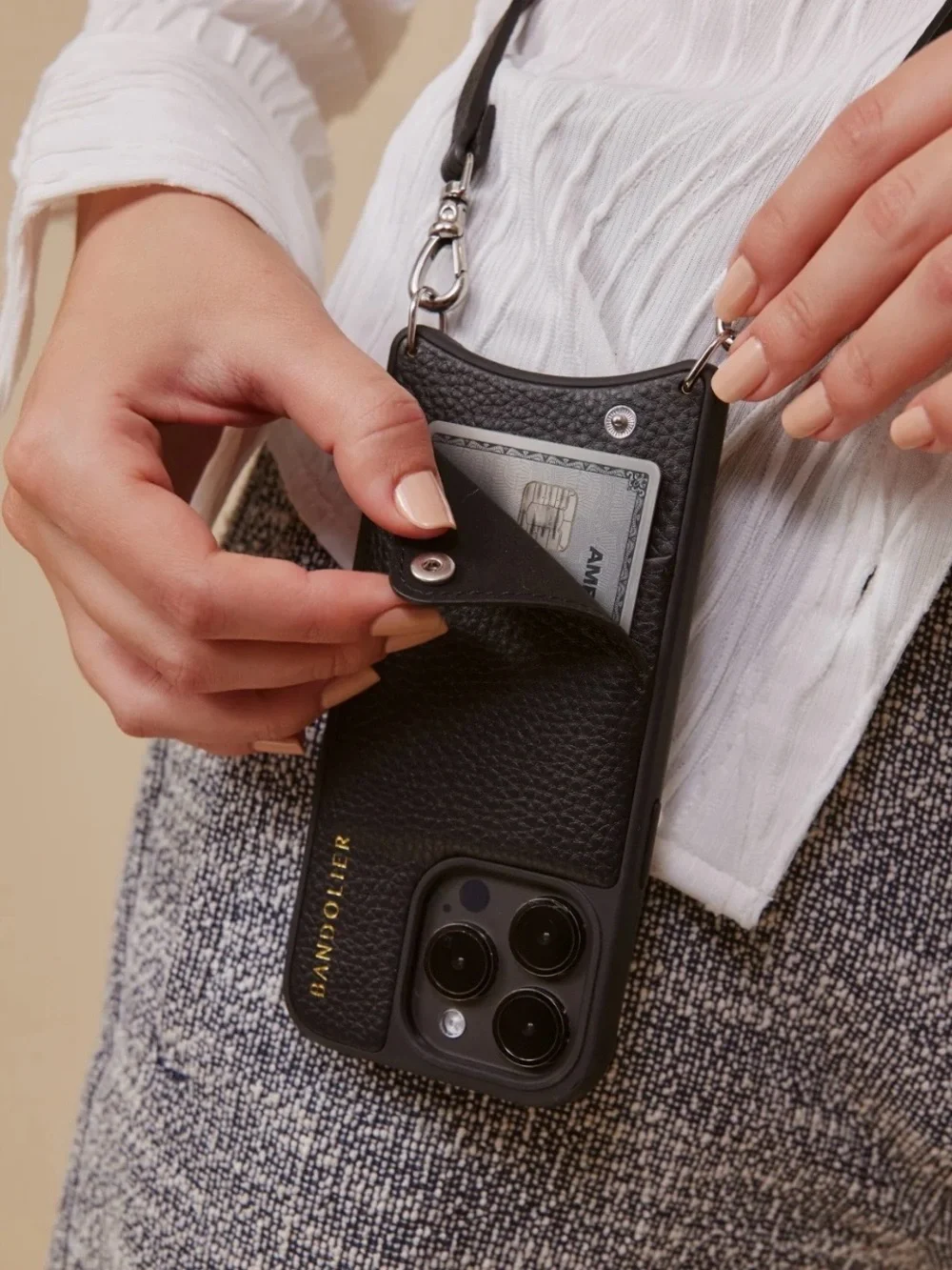 Bandolier Black Leather Crossbody Phone Case with Strap